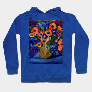 Bright and colorful abstract flowers in a bronze and purple vase Hoodie